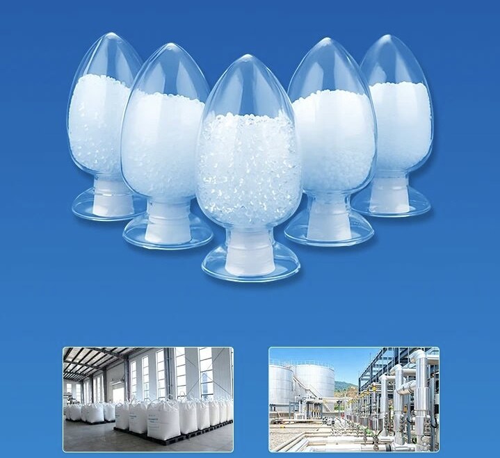 PMMA resin samples with packaging and facility reference images